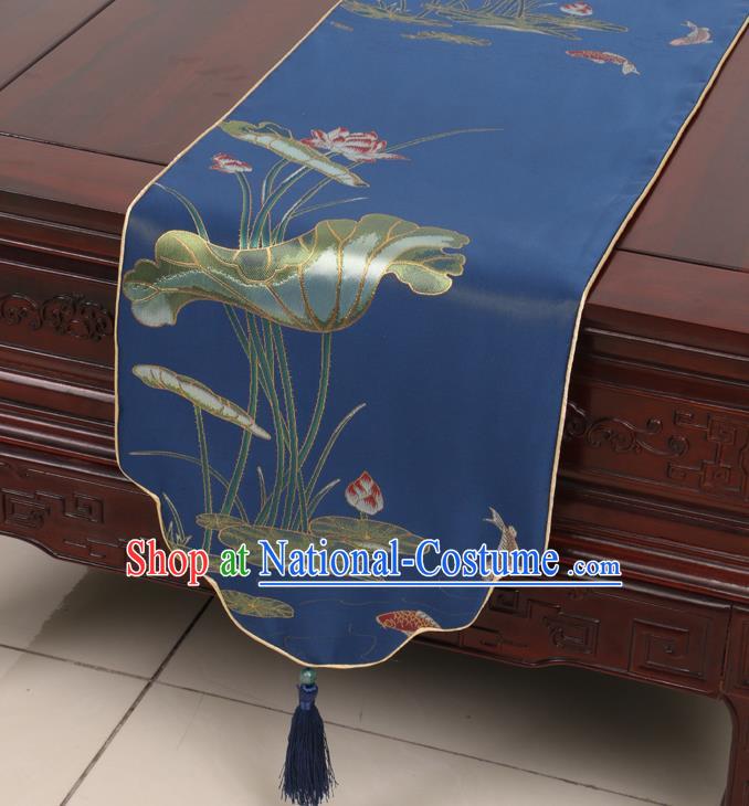 Chinese Traditional Lotus Pattern Blue Brocade Table Cloth Classical Satin Household Ornament Table Flag