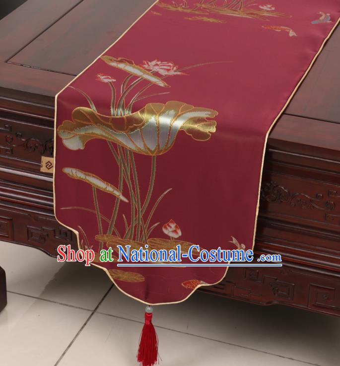 Chinese Traditional Lotus Pattern Red Brocade Table Cloth Classical Satin Household Ornament Table Flag