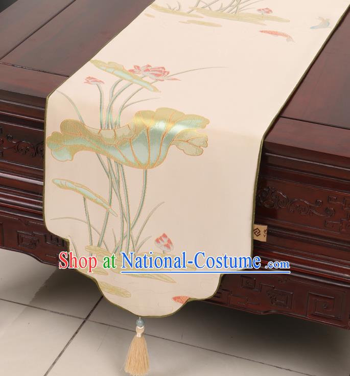 Chinese Traditional Lotus Pattern Beige Brocade Table Cloth Classical Satin Household Ornament Table Flag