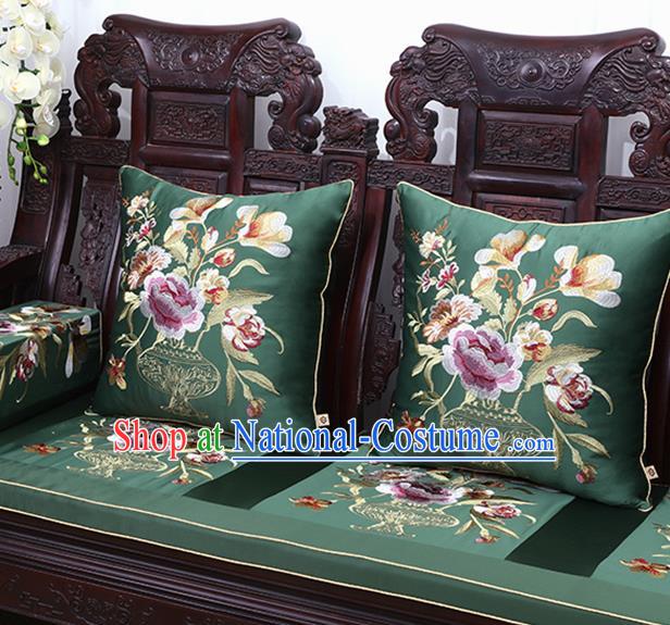 Chinese Traditional Embroidered Peony Green Brocade Back Cushion Cover Classical Household Ornament