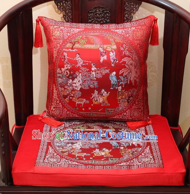 Chinese Classical Household Ornament Traditional Children Pattern Red Brocade Cushion Cover and Armchair Mat Cover