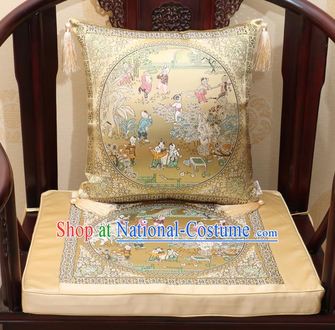 Chinese Classical Household Ornament Traditional Children Pattern Golden Brocade Cushion Cover and Armchair Mat Cover