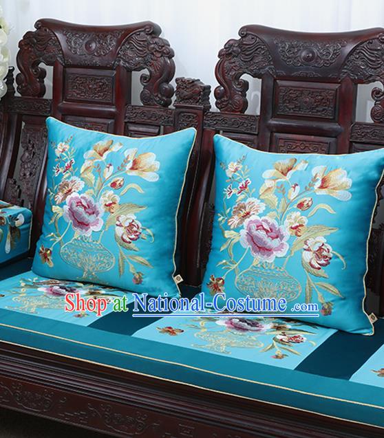 Chinese Traditional Embroidered Peony Blue Brocade Back Cushion Cover Classical Household Ornament