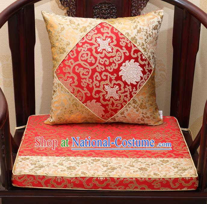 Chinese Classical Household Ornament Traditional Chrysanthemum Pattern Red Brocade Cushion Cover and Armchair Mat Cover