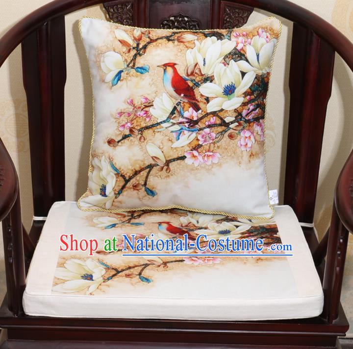 Chinese Classical Household Ornament Traditional Flowers Birds Pattern White Brocade Cushion Cover and Armchair Mat Cover