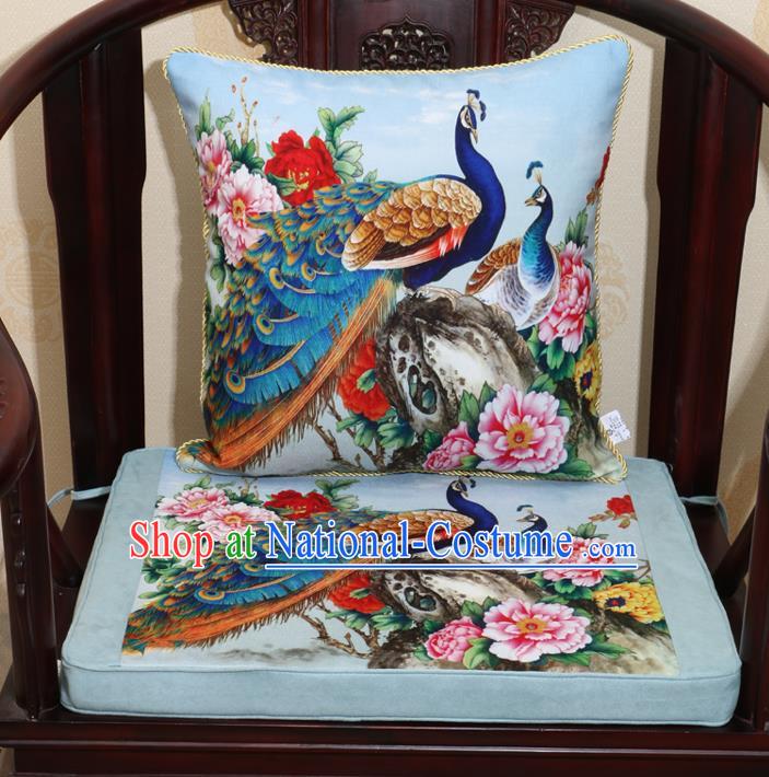 Chinese Classical Household Ornament Traditional Peacock Peony Pattern Blue Brocade Cushion Cover and Armchair Mat Cover