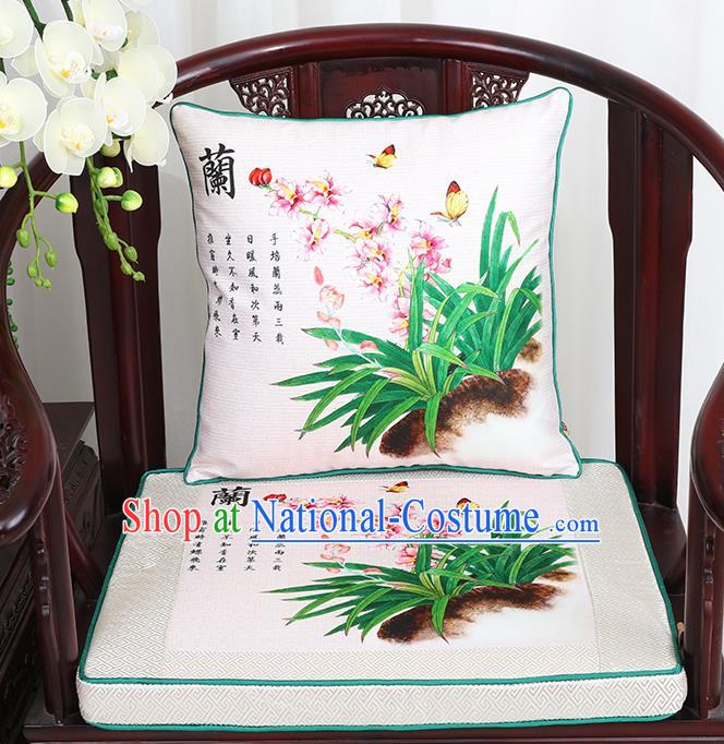 Chinese Classical Household Ornament Traditional Orchid Pattern White Brocade Cushion Cover and Armchair Mat Cover