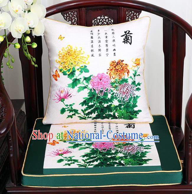 Chinese Classical Household Ornament Traditional Chrysanthemum Pattern White Brocade Cushion Cover and Armchair Mat Cover