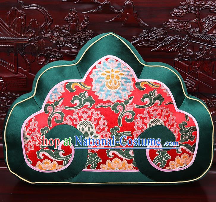 Chinese Traditional Arhat Bed Green Brocade Back Cushion Cover Classical Household Ornament