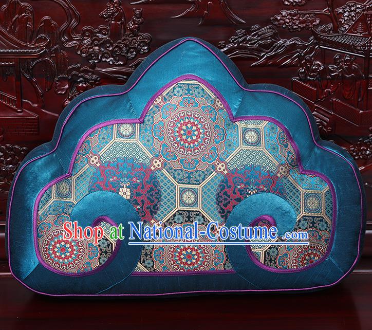 Chinese Traditional Arhat Bed Blue Brocade Back Cushion Cover Classical Household Ornament