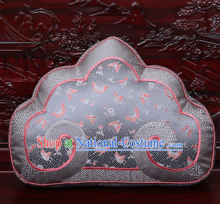 Chinese Traditional Arhat Bed Grey Brocade Back Cushion Cover Classical Household Ornament