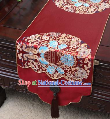 Chinese Traditional Fishes Pattern Wine Red Brocade Table Cloth Classical Household Ornament Table Flag