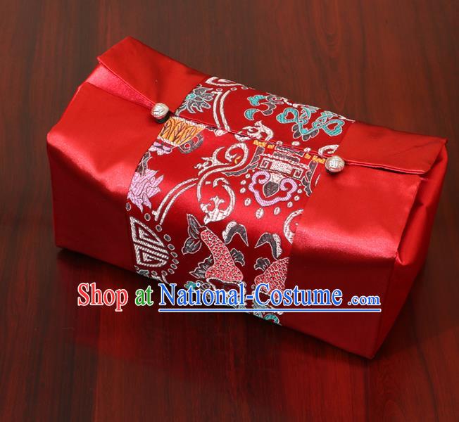 Chinese Traditional Household Accessories Classical Fish Pattern Red Brocade Paper Box Storage Box Cove