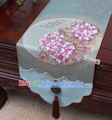 Chinese Traditional Peony Pattern Blue Brocade Table Cloth Classical Household Ornament Table Flag