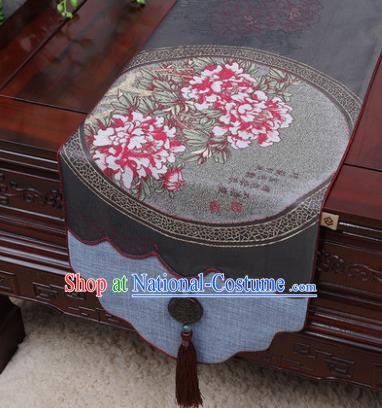 Chinese Traditional Peony Pattern Grey Brocade Table Cloth Classical Household Ornament Table Flag