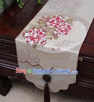 Chinese Traditional Peony Pattern Beige Brocade Table Cloth Classical Household Ornament Table Flag