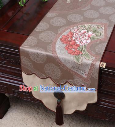 Chinese Traditional Peony Pattern Khaki Brocade Table Cloth Classical Household Ornament Table Flag