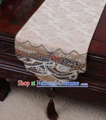 Chinese Traditional Wave Pattern Khaki Brocade Table Cloth Classical Household Ornament Table Flag