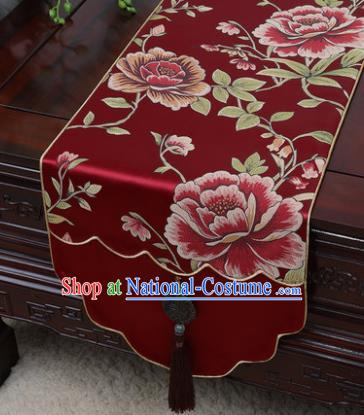 Chinese Traditional Peony Pattern Wine Red Brocade Table Cloth Classical Household Ornament Table Flag