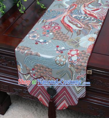 Chinese Traditional Cranes Pattern Blue Brocade Table Cloth Classical Household Ornament Table Flag