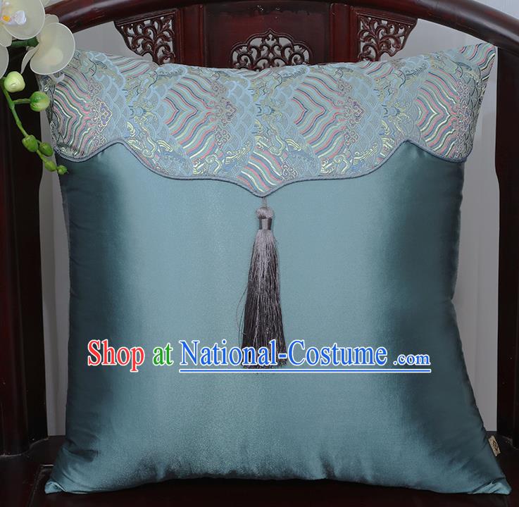 Chinese Traditional Pattern Blue Brocade Tassel Back Cushion Cover Classical Household Ornament