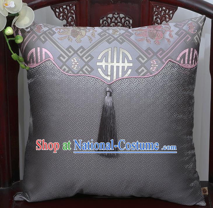 Chinese Traditional Pattern Grey Brocade Tassel Back Cushion Cover Classical Household Ornament