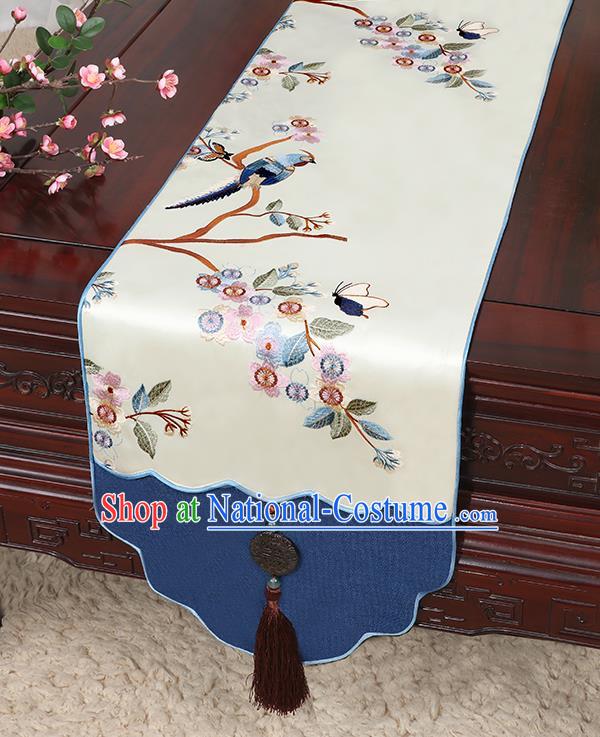 Chinese Classical Household Ornament Jade Pendant Bird Pattern Brocade Table Flag Traditional Handmade Table Cover Cloth