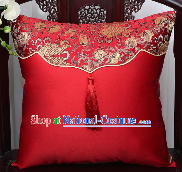 Chinese Traditional Fishes Pattern Red Brocade Back Cushion Cover Classical Household Ornament