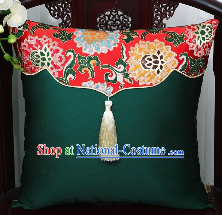 Chinese Traditional Lotus Pattern Green Brocade Back Cushion Cover Classical Household Ornament