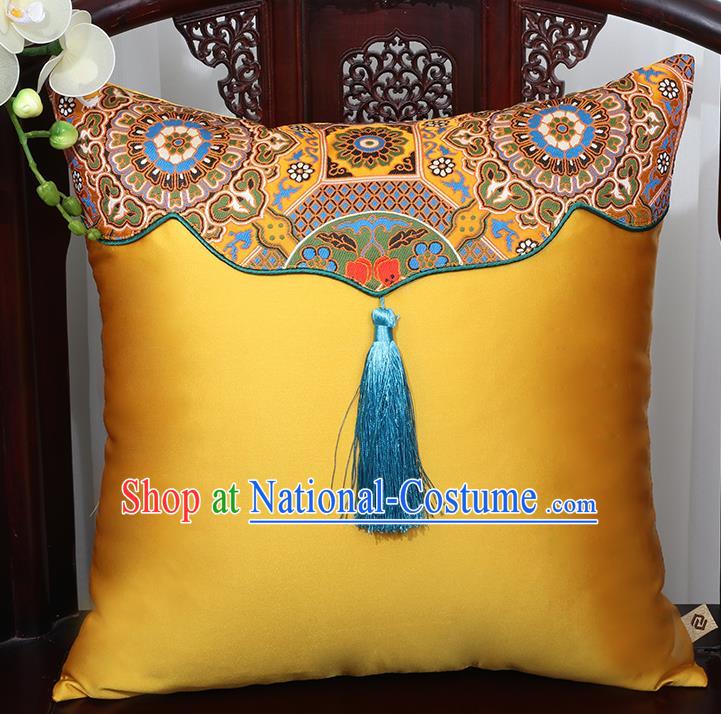 Chinese Traditional Pattern Golden Brocade Tassel Back Cushion Cover Classical Household Ornament