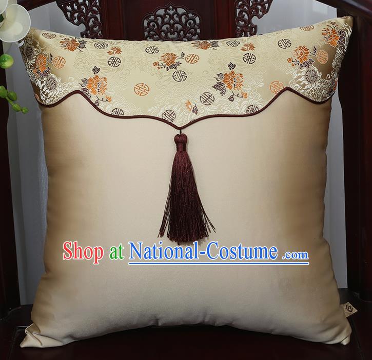 Chinese Traditional Chrysanthemum Pattern Brocade Tassel Back Cushion Cover Classical Household Ornament