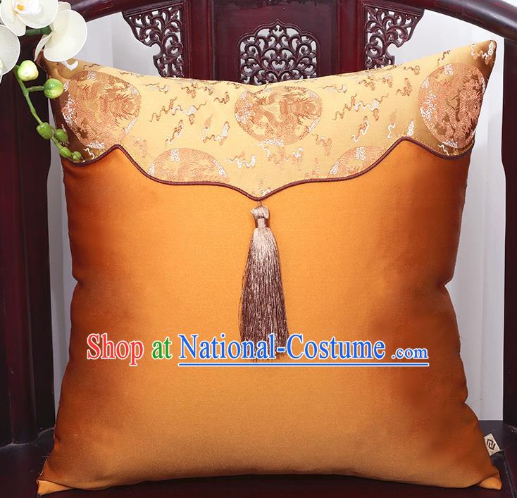 Chinese Traditional Dragons Pattern Golden Brocade Tassel Back Cushion Cover Classical Household Ornament