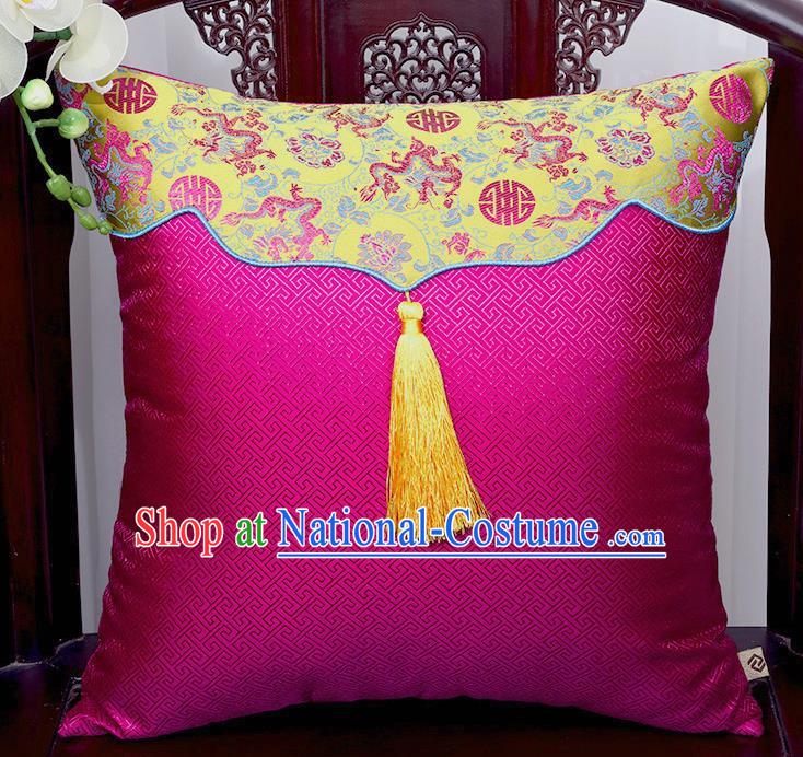 Chinese Traditional Dragons Pattern Rosy Brocade Tassel Back Cushion Cover Classical Household Ornament