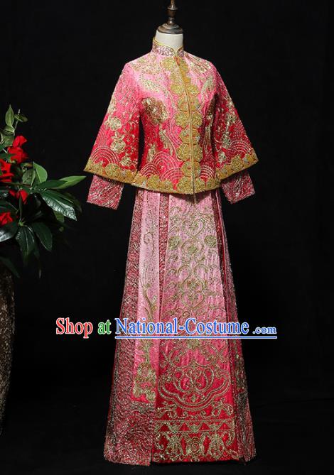 Chinese Traditional Bride Pink Xiuhe Suits Ancient Handmade Embroidered Wedding Costumes for Women