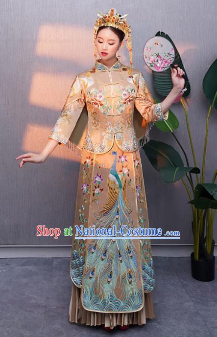 Chinese Traditional Bride Embroidered Peacock Xiuhe Suits Ancient Handmade Wedding Costumes for Women