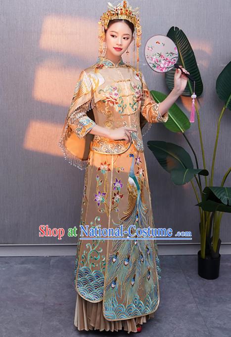 Chinese Traditional Bride Embroidered Peacock Xiuhe Suits Ancient Handmade Wedding Costumes for Women