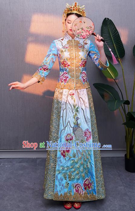 Chinese Traditional Bride Embroidered Peacock Blue Xiuhe Suits Ancient Handmade Wedding Costumes for Women