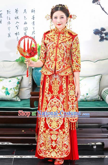 Chinese Traditional Bride Xiuhe Suits Ancient Handmade Golden Embroidered Wedding Costumes for Women