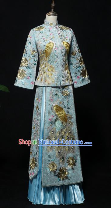 Chinese Traditional Bride Blue Xiuhe Suits Ancient Handmade Embroidered Peacock Wedding Dresses for Women