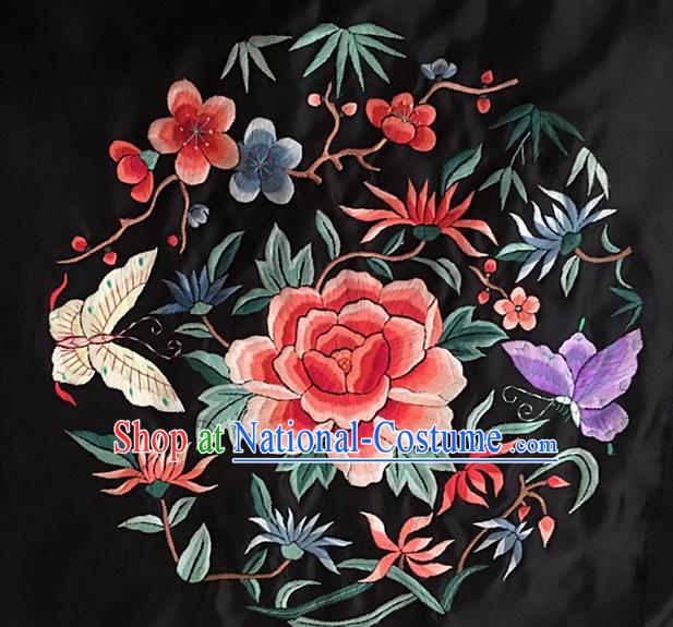 Chinese Traditional Embroidery Craft Embroidered Red Peony Butterfly Silk Patches Handmade Embroidering Accessories