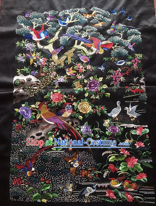 Chinese Traditional Handmade Embroidery Craft Embroidered Birds Black Patches Embroidering Silk Piece