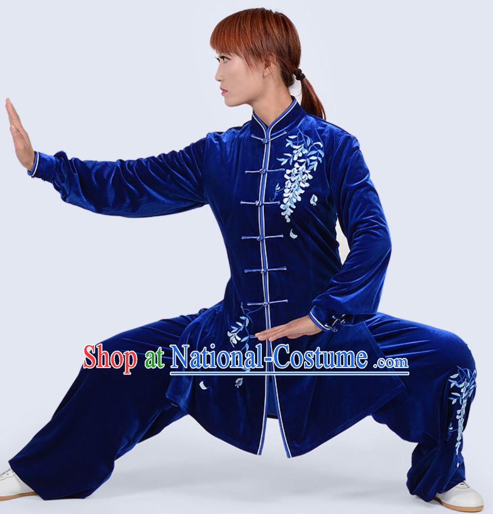 Deep Blue Top Winter Wear Velvet Asian Embroidered Tai Chi Clothing Martial Arts Dresses Complete Set for Women