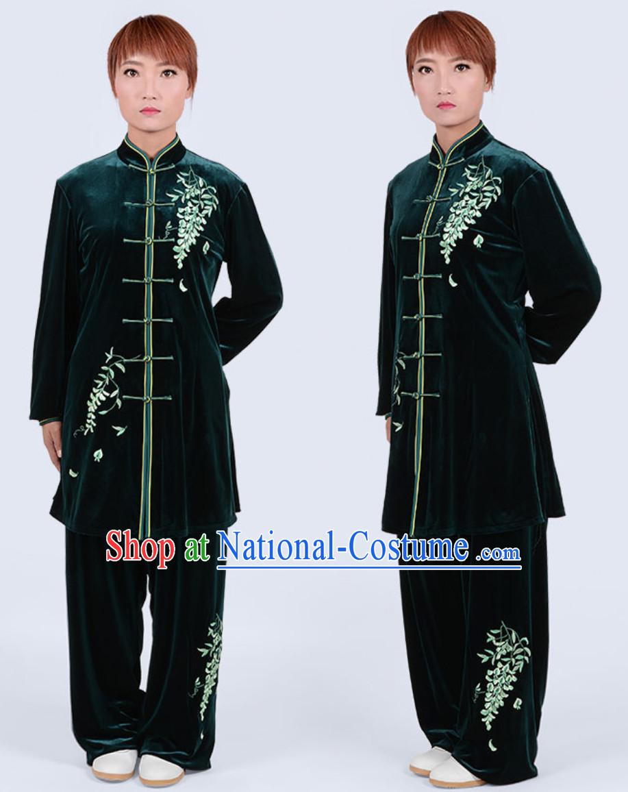 Deep Green Top Winter Wear Velvet Asian Embroidered Tai Chi Clothing Martial Arts Dresses Complete Set for Women