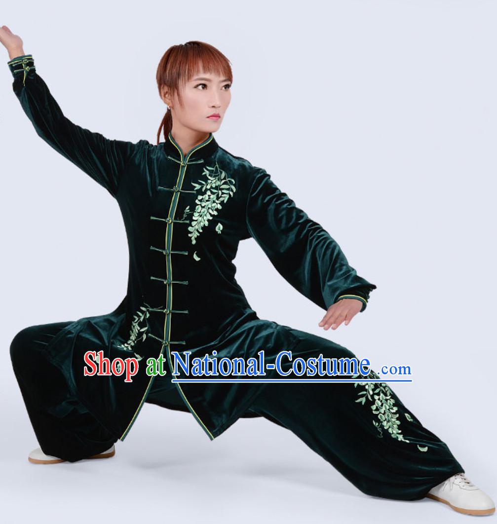 Deep Green Top Winter Wear Velvet Asian Embroidered Tai Chi Clothing Martial Arts Dresses Complete Set for Women