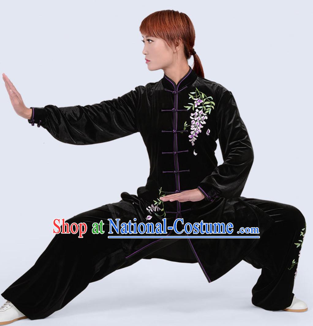 Black Top Winter Wear Velvet Asian Embroidered Tai Chi Clothes Martial Arts Dresses Complete Set for Women