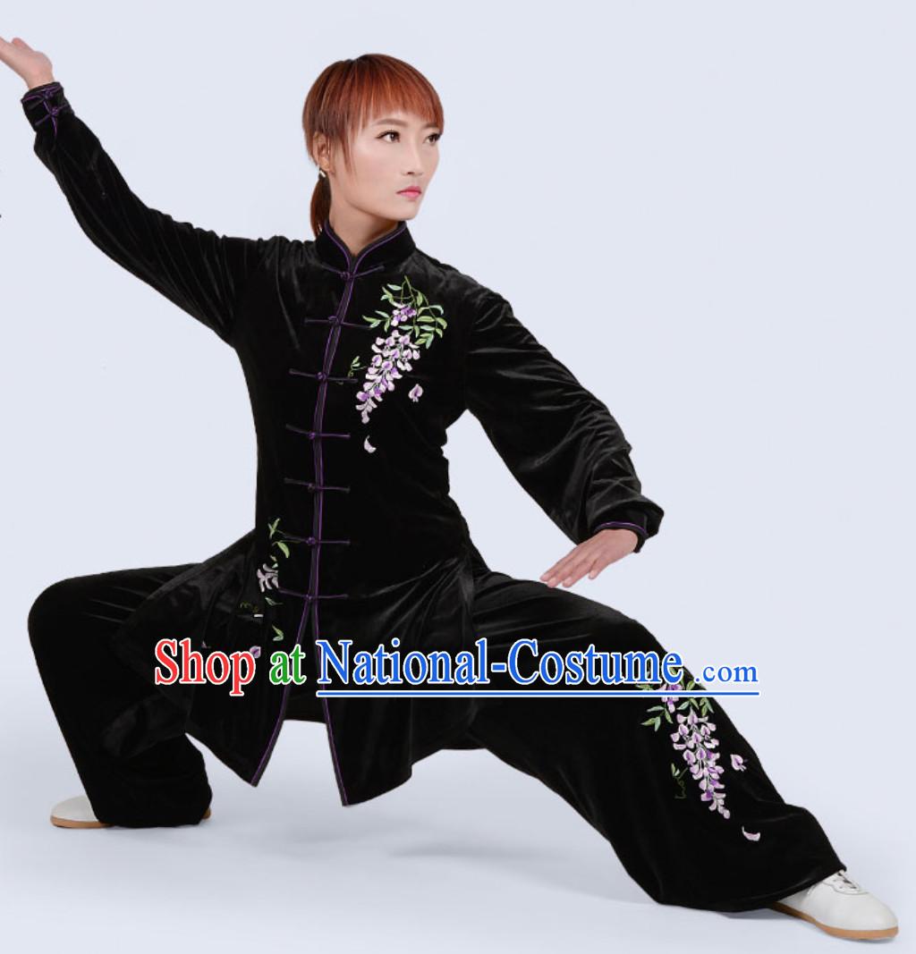 Black Top Winter Wear Velvet Asian Embroidered Tai Chi Clothes Martial Arts Dresses Complete Set for Women