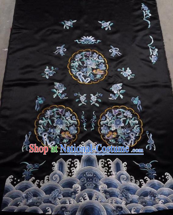 Chinese Traditional Handmade Embroidery Craft Embroidered Peony Cloth Patches Embroidering Black Silk Piece