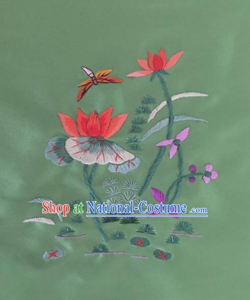 Chinese Traditional Handmade Embroidery Craft Embroidered Lotus Green Silk Patches