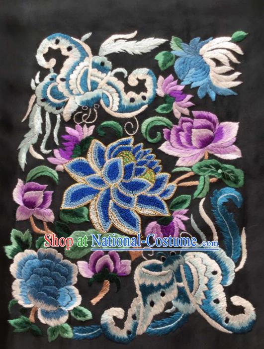 Chinese Traditional Handmade Embroidery Craft Embroidered Lotus Butterfly Black Silk Patches