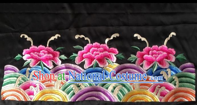 Chinese Traditional Embroidered Peony Black Silk Patches Handmade Embroidery Craft Cloth Fabric